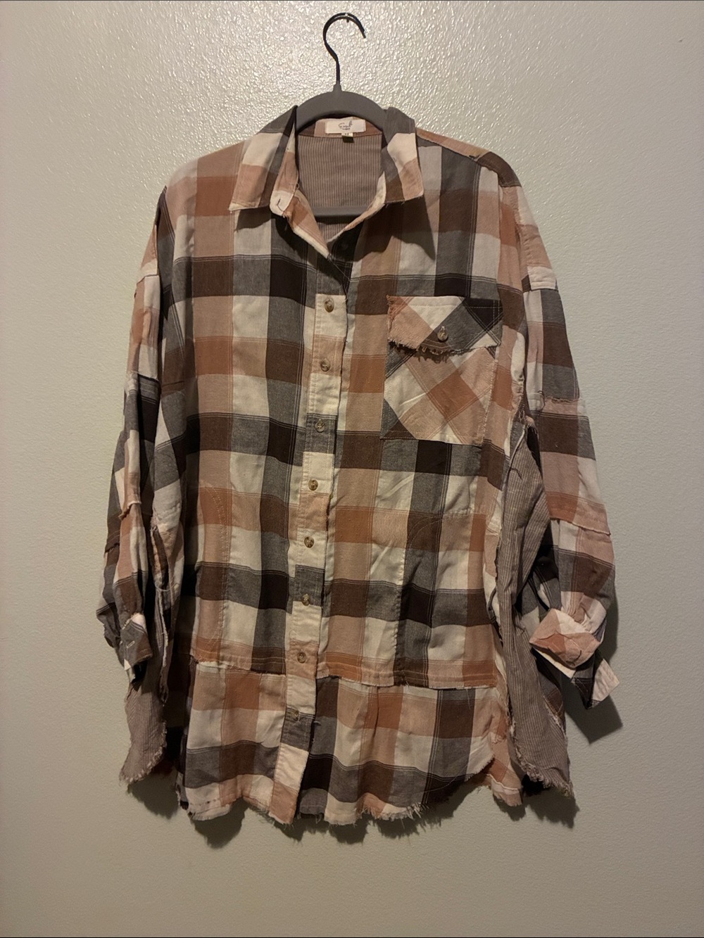 Easel Plaid Button-Front Tunic Shirt in Brown and Cream